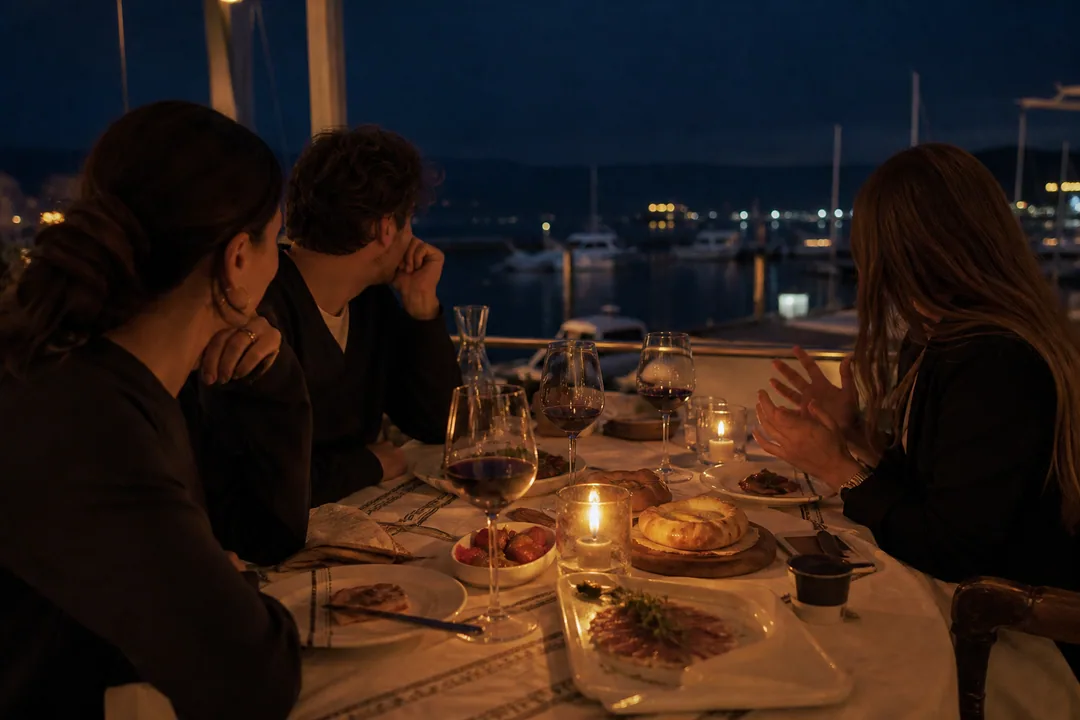 AI-generated editorial atmosphere study of a private dinner beside a marina