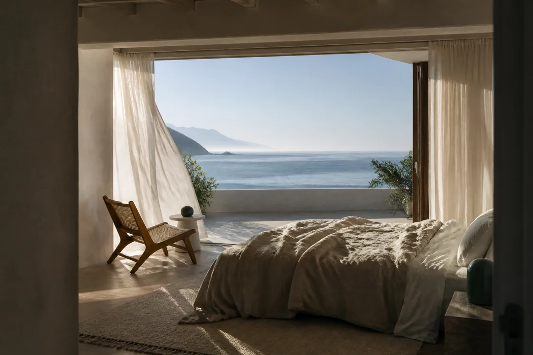 AI-generated editorial atmosphere study of a quiet suite opening to the Black Sea