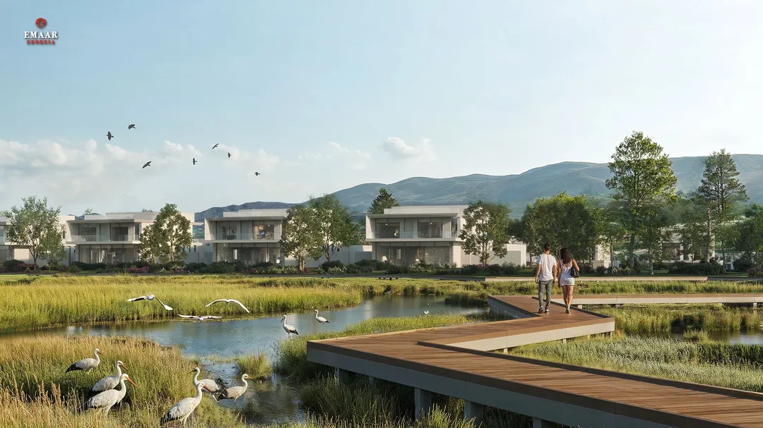 Developer visualization / CGI of proposed villas in the delta wetlands with birds