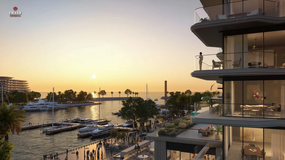 Developer visualization / CGI of proposed marina sunset from a balcony